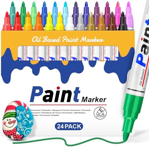 DAPAWIN Oil Based Paint Pen: Permanent Paint Marker, Quick-Dry, Waterproof Paint Set of 24 for Metal, Wood, Easter egg, Rock Painting, Glass, Fabric, Ceramic, Mug, Plastic, Stone, Christmas Stencil