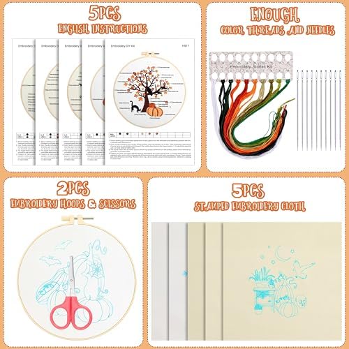 Yuxung 5 Sets Embroidery Kit for Beginners Adult Fall Thanksgiving Embroidery with Pumpkin Maple Leaf Pattern DIY Starter Needlepoint Kit with Embroidery Hoop Thread Needle for Halloween Craft Lover