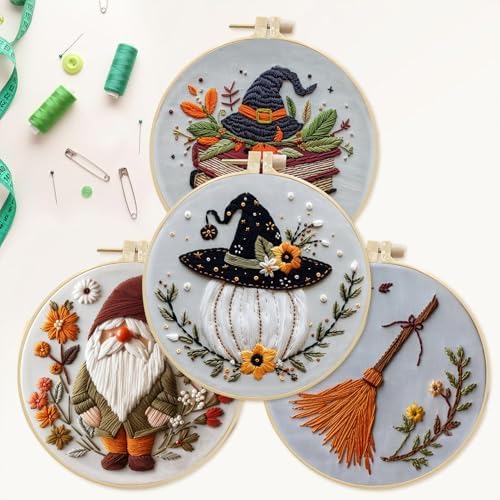 SCECALA 4 Pack Funny Halloween Embroidery Kit for Beginners