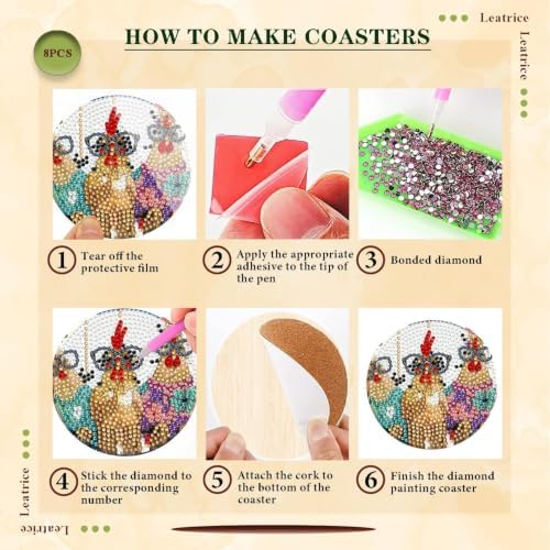 Leatrice 8 Pcs Diamond Art Coasters Small Diamond Painting Kits for Adults