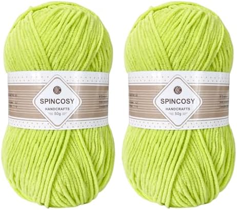 Skinny Chenille Yarn, 2 Pack of 50g/120 Yards Fluffy Soft Polyester Crochet Yarn Sutible for Colorful DIY Crafts Blankets Plush Dolls (Green)