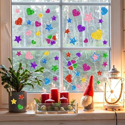 1000 PCS Glitter Foam Stickers, Foam Heart and Star Stickers, 8 Colors