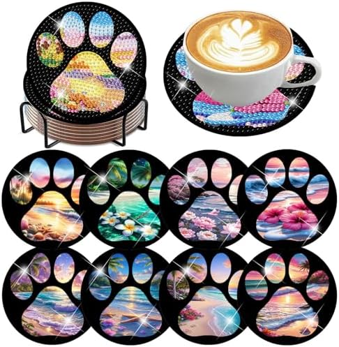 ijbnhd Beach Diamond Art Coasters Kit, Dog Paw, 8 PCS, 4X4inch