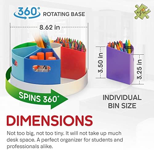 Kids Art Supply Storage Organizer with Dividers – 8.6" Rotating Lazy Susan Caddy for Crayons, Markers & Pencils