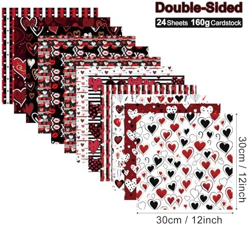 Valentine Scrapbook Paper Pad: Black Red Love Heart Valentine Patterned Paper 12×12-24 Sheets Scrapbook CardStock Papers Pad for Holiday Cardmaking DIY Origami Decorative Craft Papers.