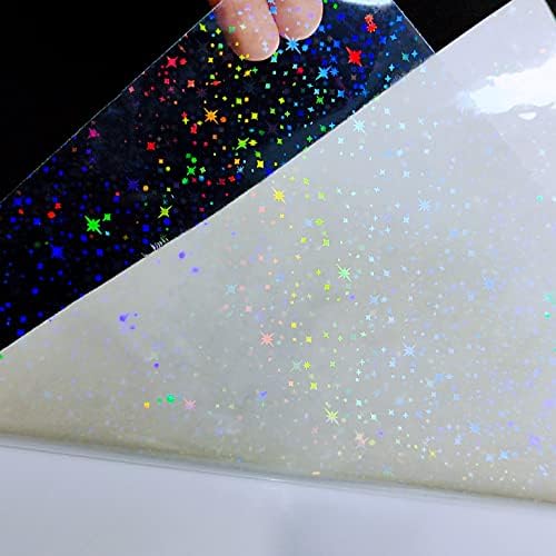 Bleidruck 25 Sheets Stars Clear Holographic Laminate Sheet Adhesive Paper | Transparent Cold Laminate Sheets Starry Holographic Sticker Paper A4 Size Waterproof for Documents, Photo, No Machine Needed
