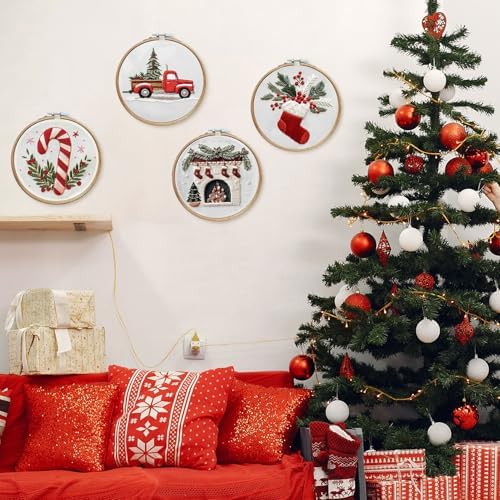 LB Christmas Embroidery Kit for Adults, 4Pc Christmas Embroidery Kits for Beginners with Red Truck, DIY Hand Cross Stitch Kit Holiday Gifts Ornaments Decorations