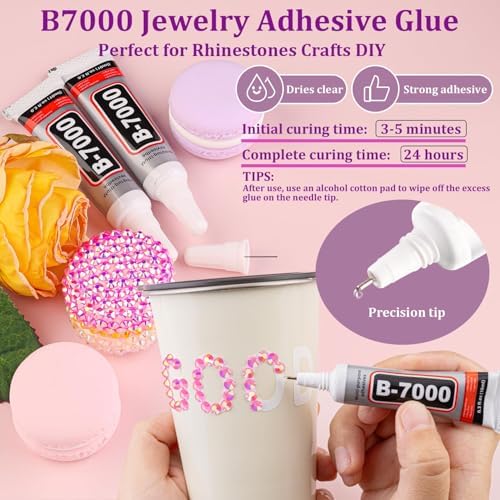 Resin Rhinestones for Crafting with 3Pcs 10ml B7000 Jewelry Glue, 1 Box Pink AB Flatback Gems Crystals Diamond for Bedazzling Crafts DIY Nail Art Makeup, Gems for Clothing Tumblers Shoes