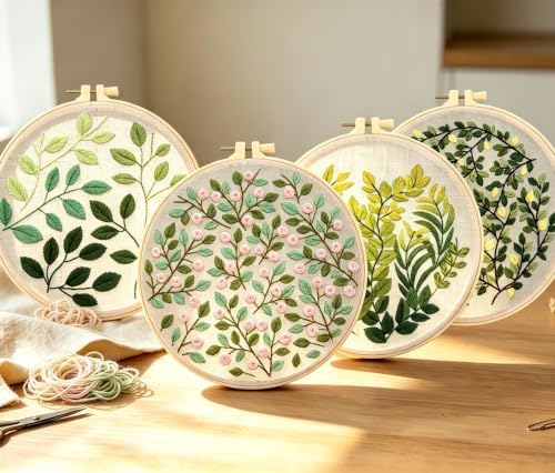 Vintage Plant Embroidery Kits for Beginners Adults, Flowers Hand Embroidery Sets Needlepoint Kits, Stamped Cross Stitch Kits for Beginners Adults, 4 Embroidery Hoops, Fabric (Attached Video Tutorial)
