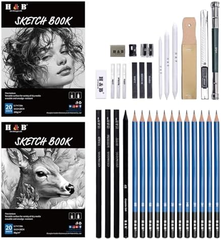 H & B 36 Pack Drawing Set Sketch Kit,Sketching Supplies with 2 sketch pad, Graphite Pencils, Charcoal Sticks, Eraser, Pro Art Drawing Kit for Artists Beginner Adults, Ideal for Shading, Blending