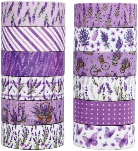 12 Rolls Floral Washi Tape Set, Purple Watercolor Flowers Design for for Journaling, Scrapbooking, DIY Craft, Planners, Gift Wrapping, Back to School Art Supplies