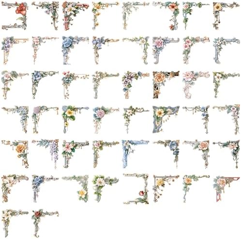 50PCS Vintage Flower Corner Stickers | Transparent Vintage Scrapbook Stickers for Planner, Card Making, Collage,Junk Journal ,Aesthetic Scrapbooking Supplies