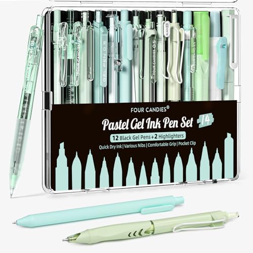 Four Candies Green Pens, Black & Green Ink, 0.5mm Fine Point, 2 Highlighter