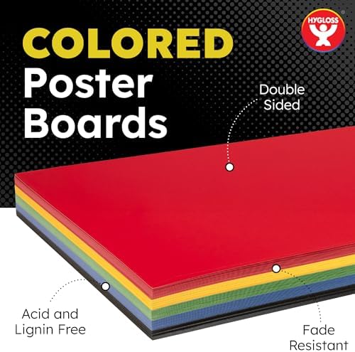 Hygloss Large Colored Poster Board 22x28 - 25 Assorted Standard Color Bulk Pack - Red, Yellow, Green, Blue, Black - 10 Pt. Thickness Poster Board Paper - Posterboard Multipack 22" x 28"