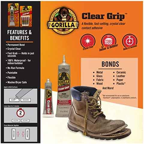 Gorilla Clear Grip Waterproof Contact Adhesive; Fast-Setting; Waterproof; Flexible; Permanent Bond; 3 Ounce Tube; Crystal Clear (Pack of 6)