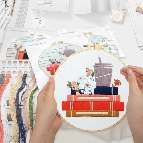 CMINAUS 5 Sets Embroidery Kit for Beginners Adults Book Lover, Embroidery Starter Kit Book Pattern Hand Crewel Needlepoint Cross Stitch Kits Includes 2 Hoops Colored Threads Needles