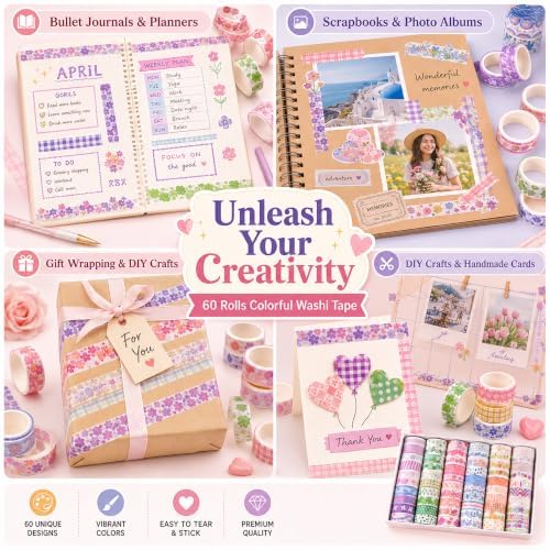 60 Rolls Colorful Washi Tape Set, 0.59 in x 6.56 ft Decorative Paper Tape with Assorted Patterns for Journaling, Scrapbooking, Planners, DIY Crafts and Gift Wrapping