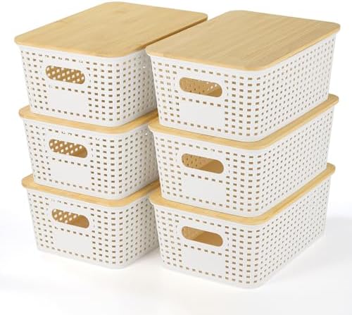 Ohmlove 6 Pack Plastic Storage Baskets with Bamboo Lids for Organization