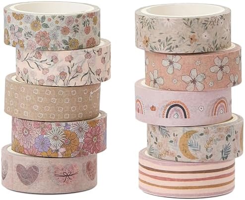 Boho Washi Tape Set 10 Rolls Cute Masking Graphic Floral Pattern Decorative Tapes for Arts, DIY Crafts, Journals, Planners, Scrapbook, Wrapping (Warm)