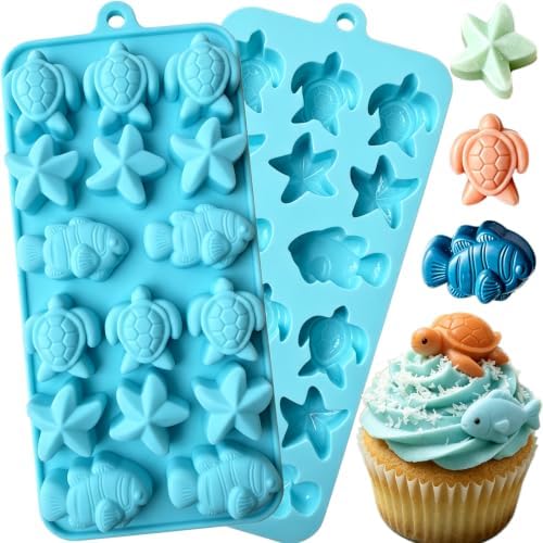 2Pack Ocean Sea Animal Silicone Mold, Sea Turtle Starfish Fish Chocolate Candy Fondant Mold, Beach Silicone Mould for Cake Decoration, DIY Soap, Resin Craft, Ocean Mermaid Theme Party