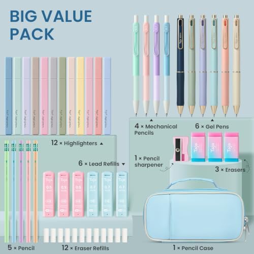 Taja Cute Pencil Case With School Supplies, 39 PCS, Stationery Set, Blue