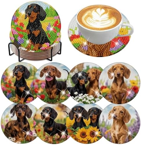 ijbnhd 8 Pcs Cute Dog Diamond Art Coasters Kits, 4x4 inch (Cork Wooden Pad)