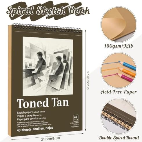 Sketch Book 8.5 x 11 in Kraft Paper Sketchbook Spiral Bound Toned Tan Drawing Pad for Pencil Charcoal Colored Pencils White Gel Pens Beginners Students Artists