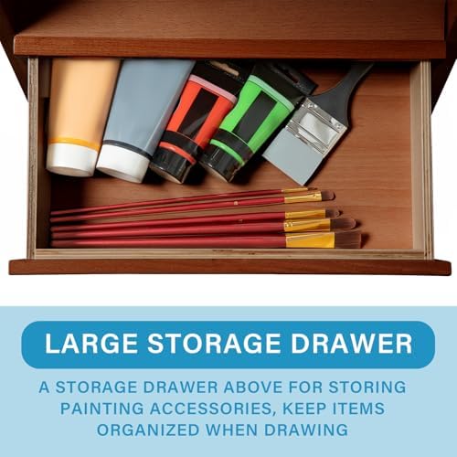 Large Beechwood H-Frame Studio Easel Stand with Storage Drawer, Walnut | Height Adjustable to 35Inches High, Suitable for Painting, Sketching and Displaying