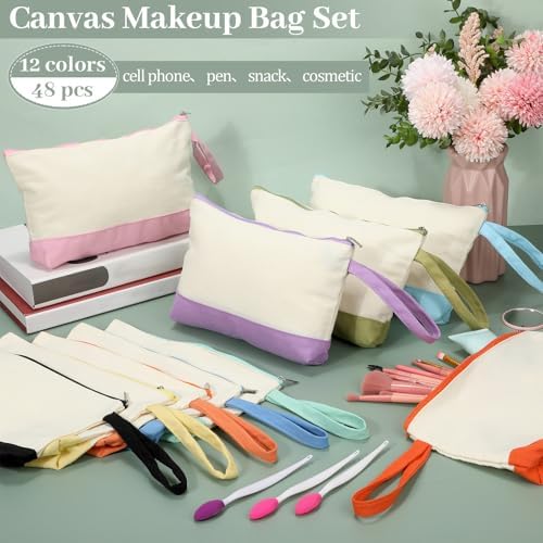 Silkfly 48 Pcs Cotton Canvas Makeup Bags Cosmetic Zipper Bags 10.2 x 5.5 x 2'' Blank DIY Pouch Bulk Pencil Case with Bottom Travel Toiletry Pouch for Women Craft Decor Gift (12 Colors)