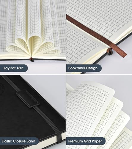 Biuwory A5 Hardcover Graph Paper Notebook, Grid Leather Journal for Writing | 140 Quad Ruled Grid Pages Vintage Diary, 5.7"×8.3" Travel Notebook for Work, School, Women & Men