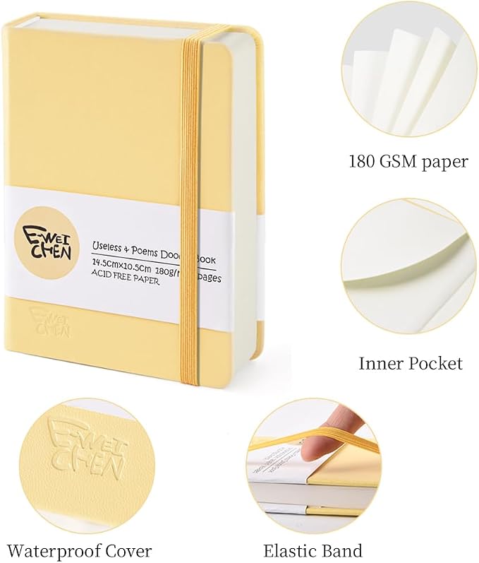 5.7x4.1in Hardcover Blank Sketchbook for Drawing 180gsm 96Pages,Yellow