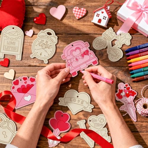 80PCS Wooden Heart Ornaments to Paint Valentine's Day Craft,10 Styles DIY Blank Unfinished Wood Heart Cutouts Ornament for Crafts Spring Tree Hanging Decorations Love