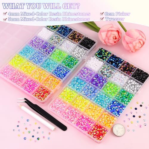 2 Boxes 4mm+5mm Jelly Rhinestones for Bedazzling, 15000Pcs Multicolor Flatback Resin Gems for Crafting, Bedazzler Kit with Tweezer for DIY Crafts Book Fabric Decor Nail Art