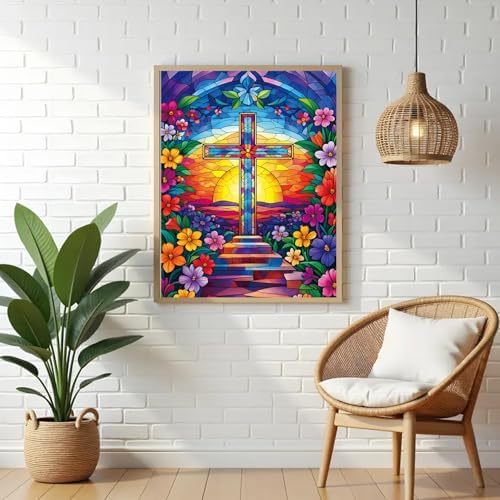 VeGuude Religious Cross Diamond Art Kits for Adults, Full Drill Flower Diamond Painting Kits for Beginners, DIY Full Rhinestone 5D Diamond dots (Gemstone Craft), Home Wall Decoration (12x16 inch)
