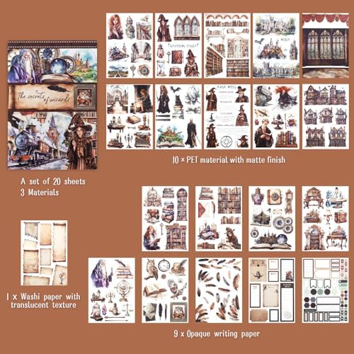 Pre-Cut Magic Sticker Book for Junk Journal, 20 Sheets Wizard Sticker Vintage Ephemera PET Washi Paper Materials for Scrapbooking, Journaling, Collage