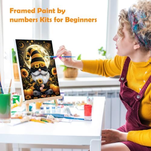 MOGTAA Halloween Paint by Numbers Kit for Adults Beginners with Frame, Gnome Adult Paint by Number Kits on Canvas with Easel, Easy DIY Sunflowers Oil Painting Kits for Home Decor, 8x12in