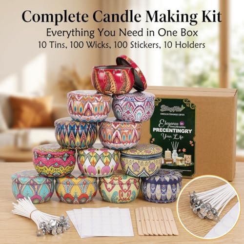 Blingfun 10 Packs 4 oz Candle Tins kit, Candle Making Tins, Candle Jars, 100pcs Candle Wicks, 100pcs Wick Stickers, Candle Containers for Making Candles (Flowers)