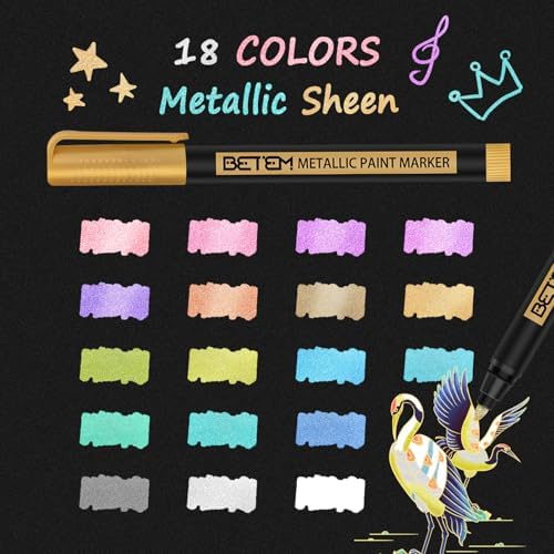 Betem Metallic Paint Markers, 18 Colors Acrylic Metallic Markers for Black Paper, 2mm Medium Tip Glitter Pens Scrapbooking Supplies, Teacher Appreciation Gift, Rock, Photo Albums, Card Making Kit