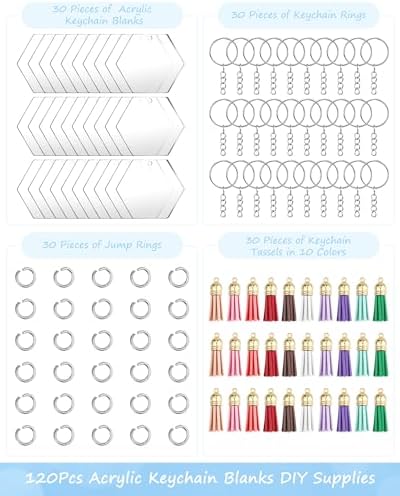 YETOOME Acrylic Hexagon Keychain Blanks, 120 Pcs Clear Hexagon Keychains Kit with Acrylic Blanks, Key Rings, Tassels and Jump Rings for DIY Keychain Vinyl Crafting