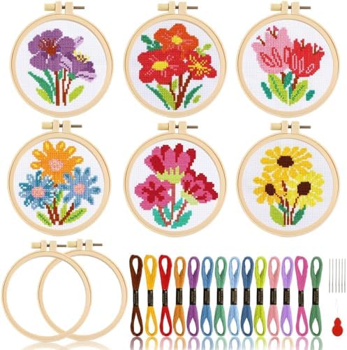 ZOIIWA 6 Pcs Flower Cross Stitch Kit for Beginner Flower DIY Embroidery Kit