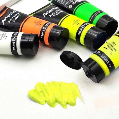 Artecho Fluorescent Yellow Acrylic Paint 120ml /4.05oz Tube | Semi Glossy Finish, High Pigment Rich Color Craft Paint for Canvas, Fabric, Non-Toxic