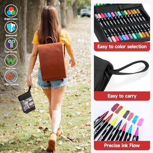 Acrylic Paint Markers,120 Colors Dual Tip Acrylic Paint Pens with Brush and Fine Tips for Rock Painting,Glass,Wood,Ceramic,Canvas,Stone, Vibrant Color Ideal for Artists, Crafters, DIY Projects