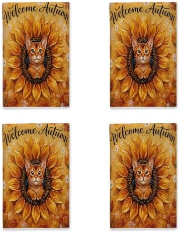 Oil Painting Fall Abyssinian Cat Kitchen Hand Dish Towels Set of 4, Autumn Sunflower Maple Leaf Pattern Quick Dry Dishcloths, Cool Housewarming Gift for Home Cooking Kitchen Bathroom