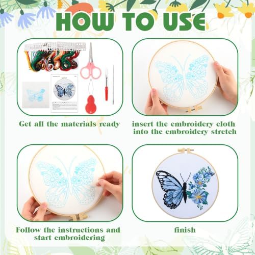 Riceshoot 8 Set Butterfly Floral Embroidery Kit for Beginner Adults Butterfly Embroidery Cross Stitch DIY Craft Needlepoint Pack Kits with Pattern Instruction Cloth Hoops Thread Needle Scissors