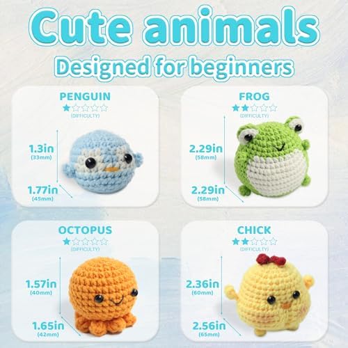 YAMAXIN Crochet Kit for Beginners Adults – 4PCS Animal Amigurumi Crochet Starter Kit with Yarn, Hooks, Tools, and Video Tutorials – DIY Knitting Craft Kit (Chick, Frog, Penguin, Octopus)