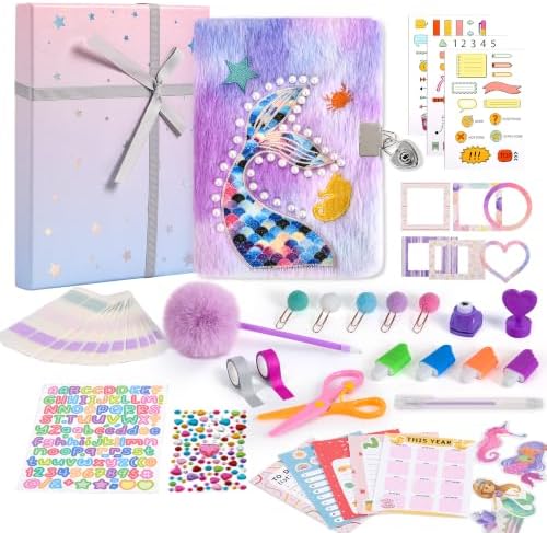 Cherry Tale DIY Journal Kit for Girls, 300+ PCS Scrapbook Kit for Girls Ages 6-14, Fluffy Mermaid Lockable Diary with Keys, Stickers and Markers, 6 7 8 9 10 11 12 13 14 Year Old Girl Birthday Gift