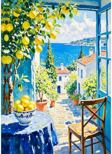 VeGuude Diamond Art Lemons Kits for Adults, Full Drill Italy Coast Wall ArtDiamond Painting Kits for Beginners, DIY Full Rhinestone 5D Diamond dots (Gemstone Craft), Home Wall Decoration (12x16 inch)