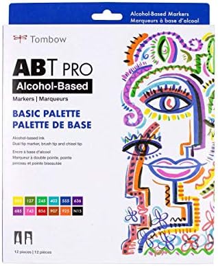 Tombow 56961 ABT PRO Alcohol Markers, Basic Palette, Set of 12 Colors - Dual Tip, Permanent Art Markers Feature Chisel and Brush Tips Perfect for Coloring, Sketching, and Illustration