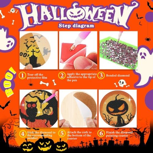 Leatrice 8 PCS Halloween Diamond Art Coasters Set with Holder 4 in