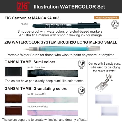 Kuretake Zig illustration watercolor Set, 3 Gansai Tambi, Fineliner and Waterbrush pen, for Inktober, Manga, Drawing, Calligraphy, Professional, Artist, Made in Japan (IKTB-25/7V)